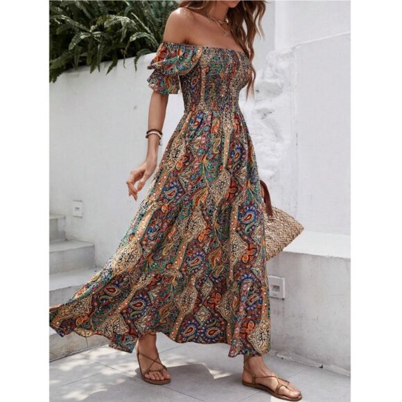 Off the shoulder short sleeve shirred maxi dress boho paisley print raibow - Picture 1 of 2